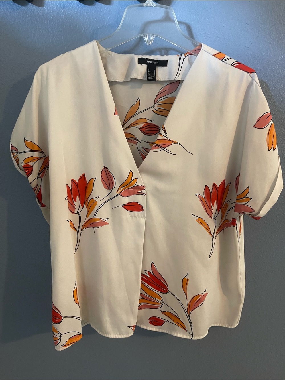 Forever 21 Cream Floral V-Neck Short Sleeve Blouse with Red & Orange Accents